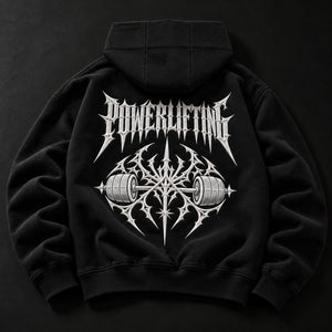 NBD POWERLIFTING Crest zip hoodie in black — back view, raised white 3D puff print POWERLIFTING lettering above a barbell crest