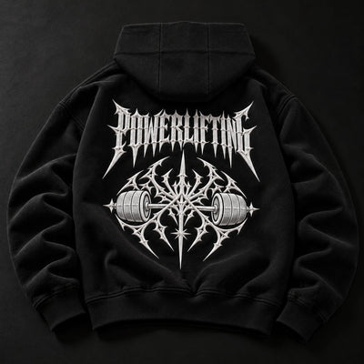 NBD POWERLIFTING Crest zip hoodie in black — back view, raised white 3D puff print POWERLIFTING lettering above a barbell crest