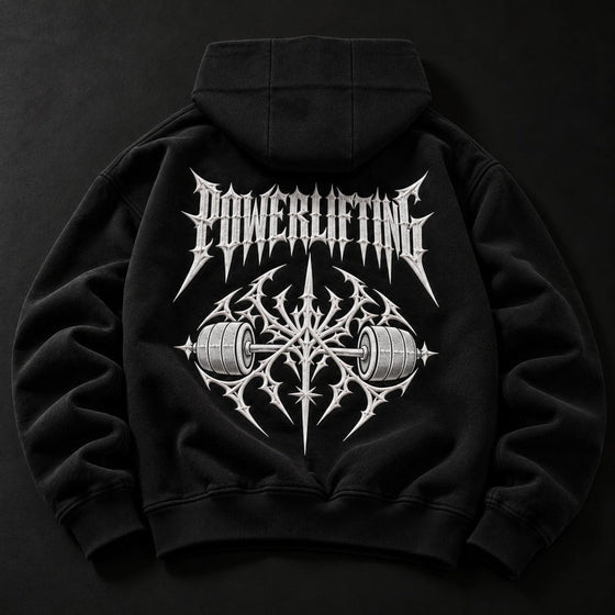NBD POWERLIFTING Crest zip hoodie in black — back view, raised white 3D puff print POWERLIFTING lettering above a barbell crest