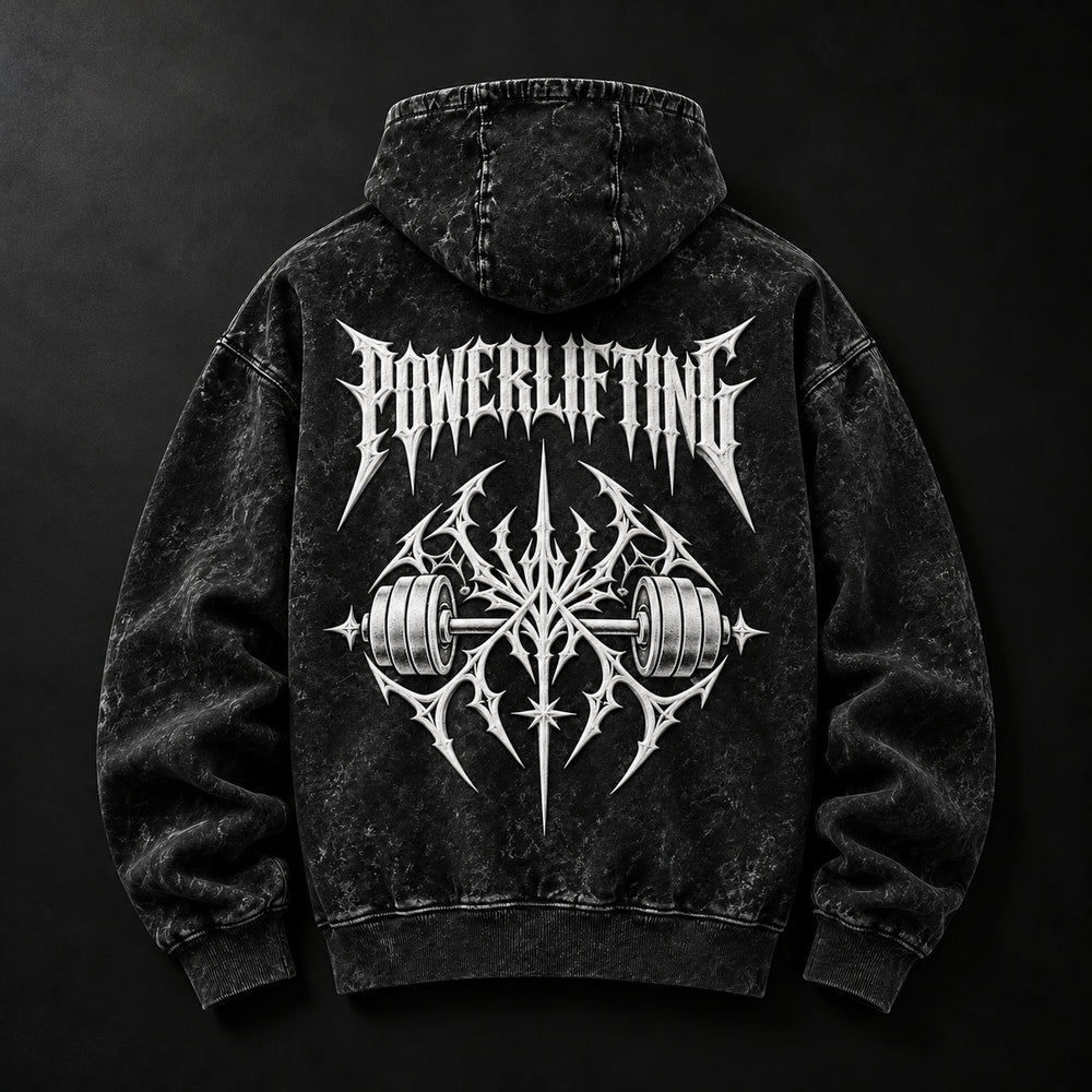 NBD POWERLIFTING Crest acid wash hoodie in Black — back view, white 3D puff print POWERLIFTING lettering and barbell crest, studio shot