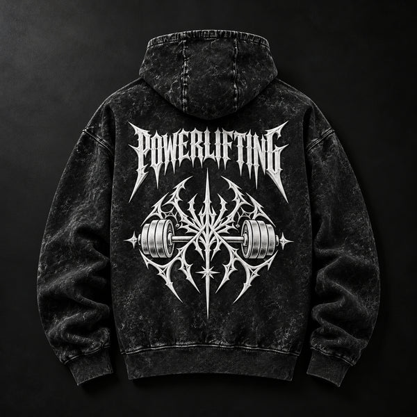 NBD POWERLIFTING Crest acid wash hoodie in Black — back view, white 3D puff print POWERLIFTING lettering and barbell crest, studio shot