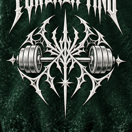 NBD POWERLIFTING Crest acid wash hoodie in Bottle Green — back print close-up, white 3D puff print barbell crest