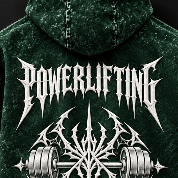 NBD POWERLIFTING Crest acid wash hoodie in Bottle Green — back print close-up, white 3D puff print POWERLIFTING lettering