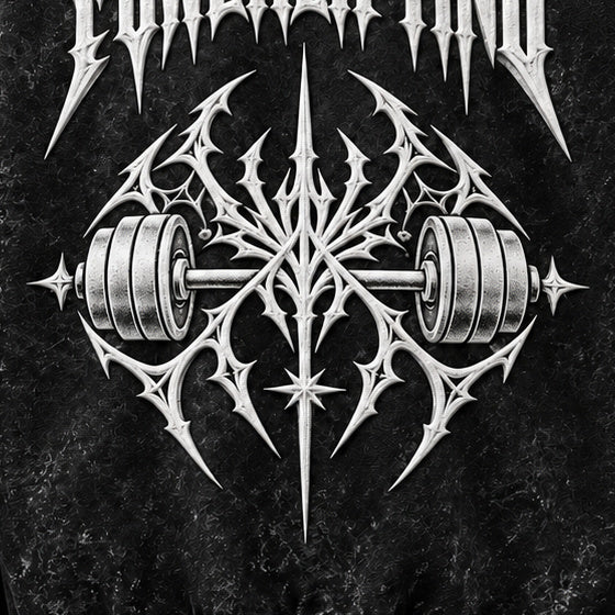 Close-up of the barbell crest in white 3D puff print on the back of the Crest hoodie