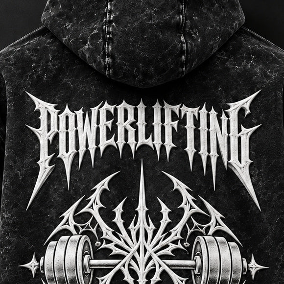 Close-up of the white 3D puff print POWERLIFTING lettering on the back of the Crest hoodie