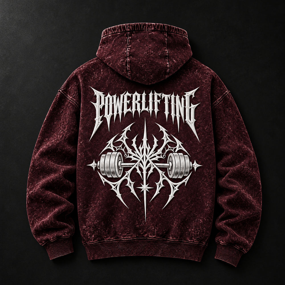 NBD POWERLIFTING Crest acid wash hoodie in Maroon — back view, white 3D puff print POWERLIFTING lettering and barbell crest, studio shot
