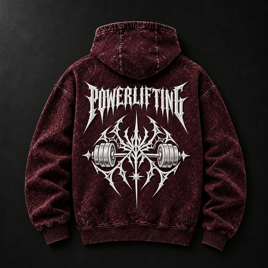 NBD POWERLIFTING Crest acid wash hoodie in Maroon — back view, white 3D puff print POWERLIFTING lettering and barbell crest, studio shot