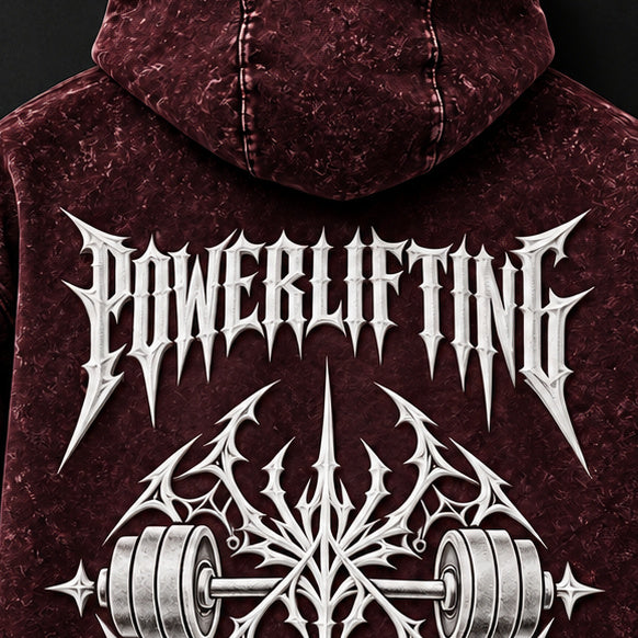 NBD POWERLIFTING Crest acid wash hoodie in Maroon — back print close-up, white 3D puff print POWERLIFTING lettering