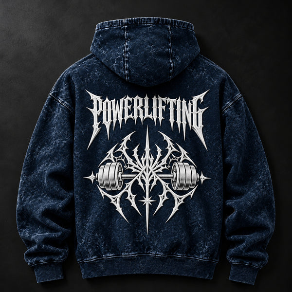 NBD POWERLIFTING Crest acid wash hoodie in Navy Blue — back view, white 3D puff print POWERLIFTING lettering and barbell crest, studio shot