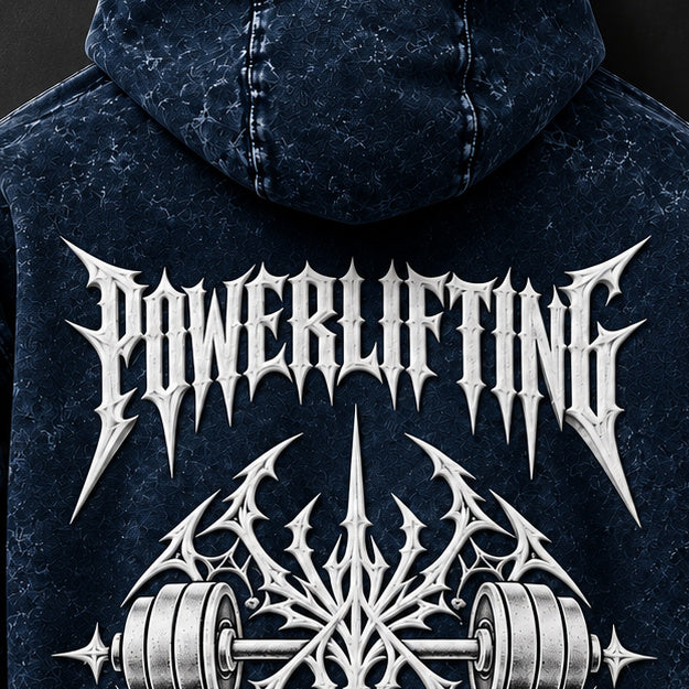 NBD POWERLIFTING Crest acid wash hoodie in Navy Blue — back print close-up, white 3D puff print POWERLIFTING lettering