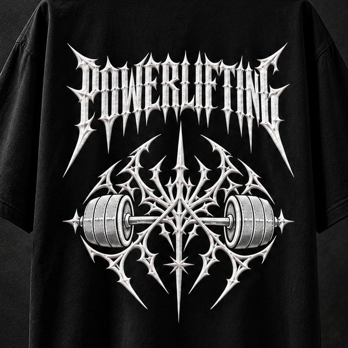 NBD POWERLIFTING Crest oversized T-shirt in Black — back print close-up, raised white 3D puff POWERLIFTING lettering and barbell crest