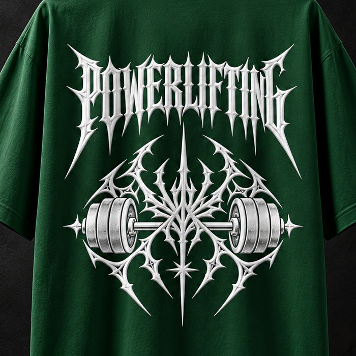 NBD POWERLIFTING Crest oversized T-shirt in Bottle Green — back print close-up, raised white 3D puff POWERLIFTING lettering and barbell crest