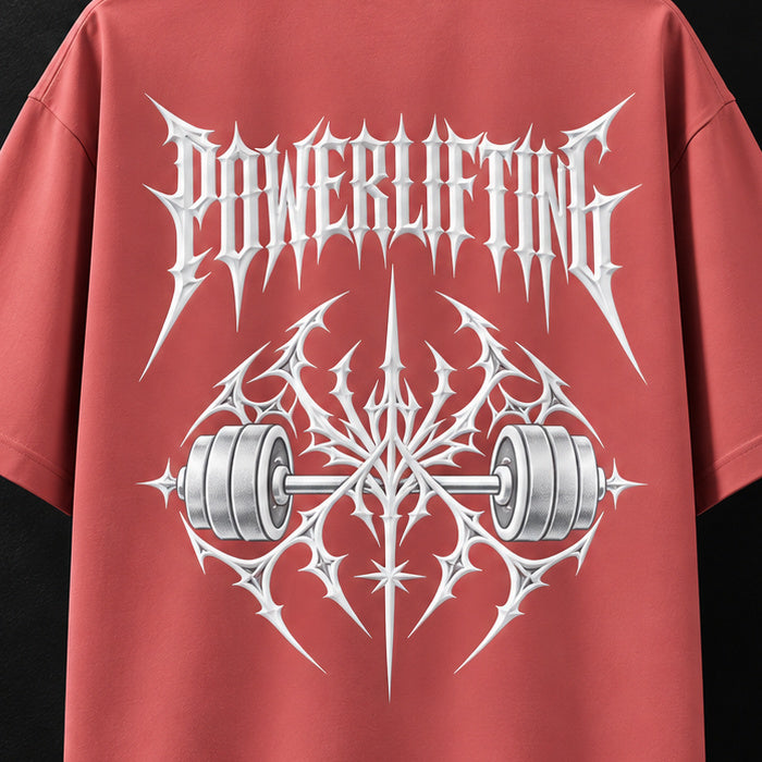 NBD POWERLIFTING Crest oversized T-shirt in Coral — back print close-up, raised white 3D puff POWERLIFTING lettering and barbell crest