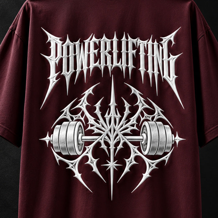 NBD POWERLIFTING Crest oversized T-shirt in Maroon — back print close-up, raised white 3D puff POWERLIFTING lettering and barbell crest