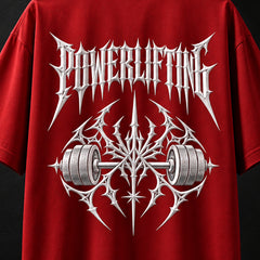 NBD POWERLIFTING Crest oversized T-shirt in Red — back print close-up, raised white 3D puff POWERLIFTING lettering and barbell crest