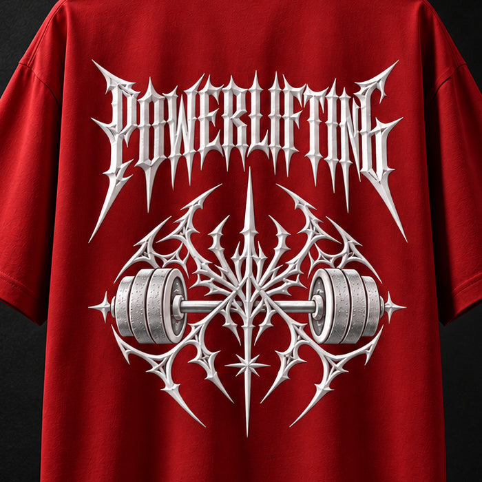 NBD POWERLIFTING Crest oversized T-shirt in Red — back print close-up, raised white 3D puff POWERLIFTING lettering and barbell crest