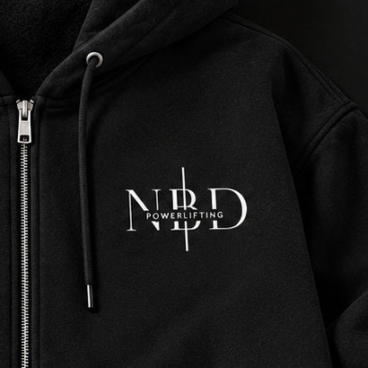 NBD POWERLIFTING Crest zip hoodie — NBD Powerlifting chest logo beside the zip and drawcord