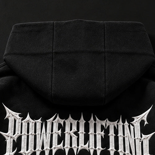 NBD POWERLIFTING Crest zip hoodie — back of the hood with its centre panel, above the print