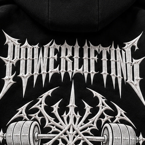 NBD POWERLIFTING Crest zip hoodie — close-up of the raised white 3D puff print POWERLIFTING lettering on the back