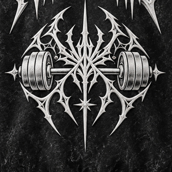 NBD POWERLIFTING Crest hoodie — close-up of the puff print barbell crest on the back