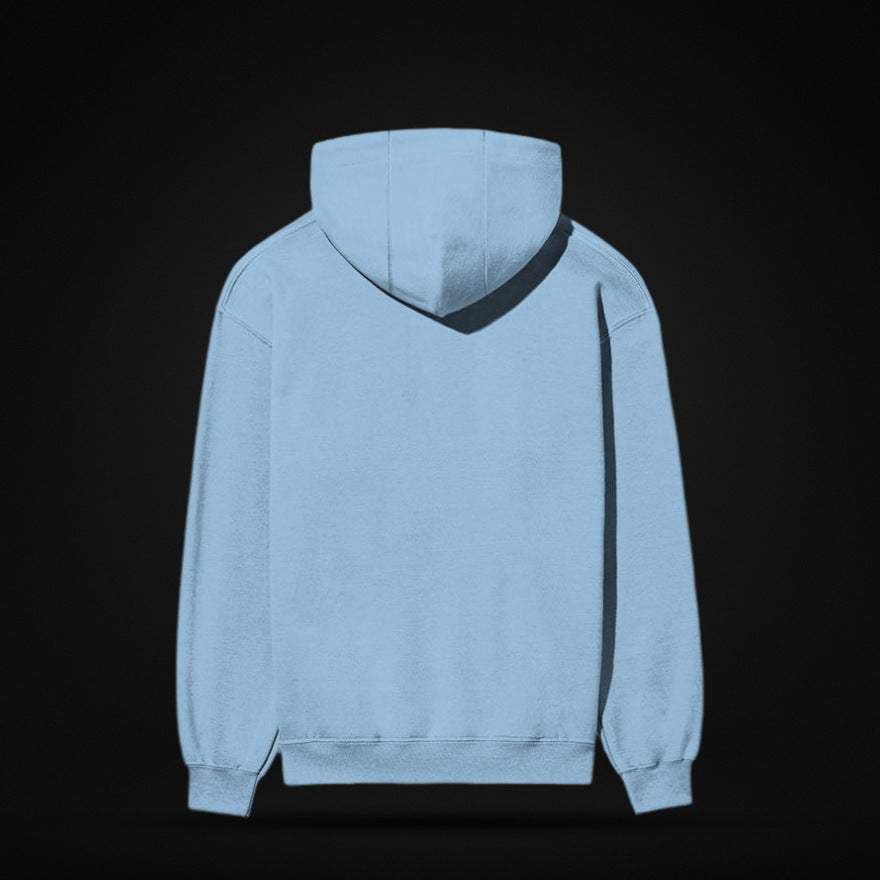 NBD SIGNATURE 300 GSM logo hoodie in Baby Blue — back view, plain back with ribbed hem and cuffs, studio shot