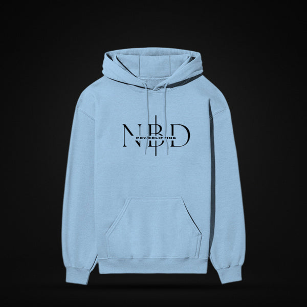 NBD SIGNATURE 300 GSM logo hoodie in Baby Blue — front view, NBD Powerlifting monogram on the chest, kangaroo pocket, studio shot
