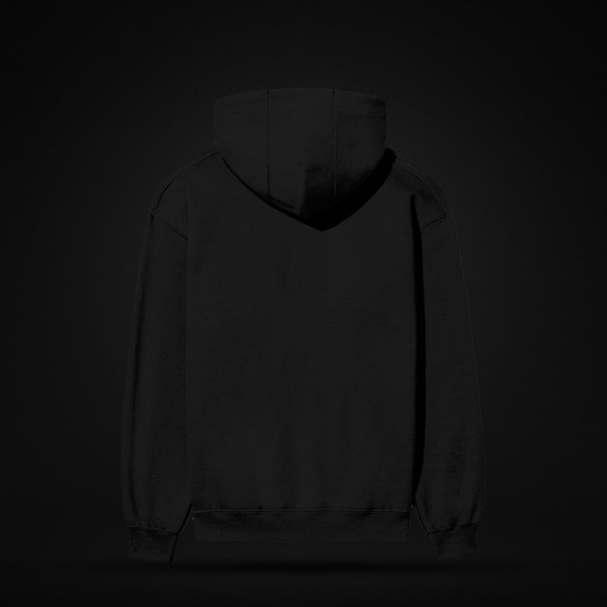 NBD SIGNATURE 300 GSM logo hoodie in Black — back view, plain back with ribbed hem and cuffs, studio shot