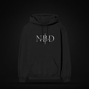 NBD SIGNATURE 300 GSM logo hoodie in Black — front view, NBD Powerlifting monogram on the chest, kangaroo pocket, studio shot