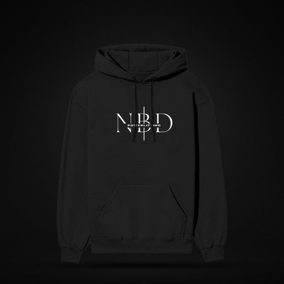 NBD SIGNATURE 300 GSM logo hoodie in Black — front view, NBD Powerlifting monogram on the chest, kangaroo pocket, studio shot