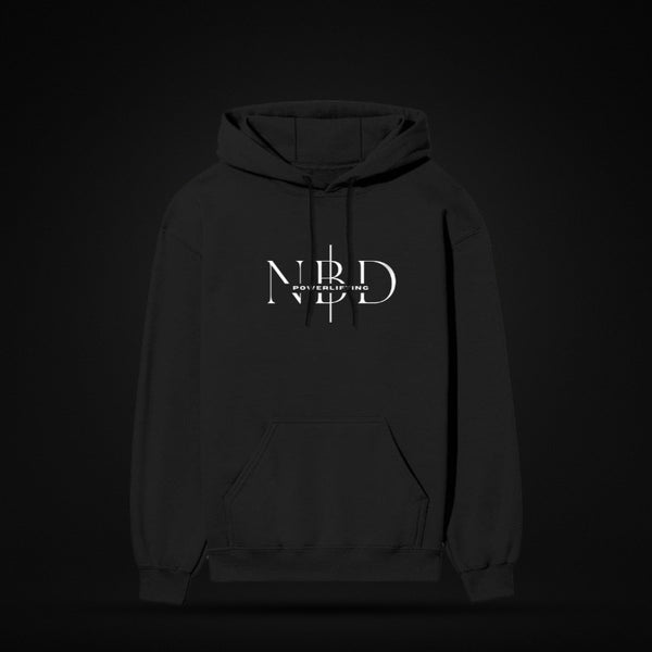 NBD SIGNATURE 300 GSM logo hoodie in Black — front view, NBD Powerlifting monogram on the chest, kangaroo pocket, studio shot