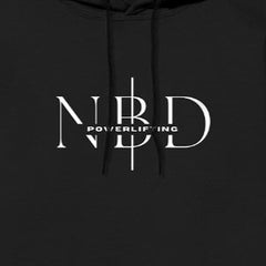 NBD SIGNATURE logo hoodie in Black — chest close-up of the NBD Powerlifting monogram print