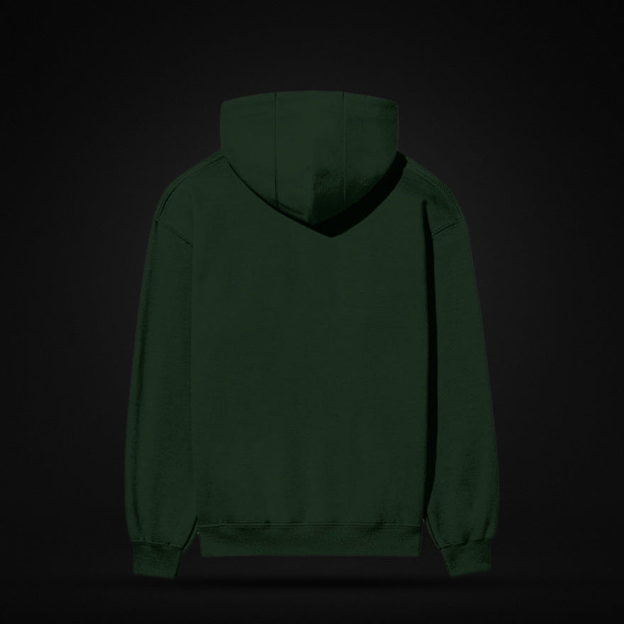 NBD SIGNATURE 300 GSM logo hoodie in Bottle Green — back view, plain back with ribbed hem and cuffs, studio shot