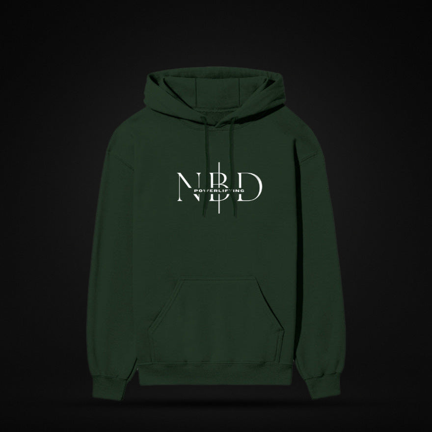 NBD SIGNATURE 300 GSM logo hoodie in Bottle Green — front view, NBD Powerlifting monogram on the chest, kangaroo pocket, studio shot