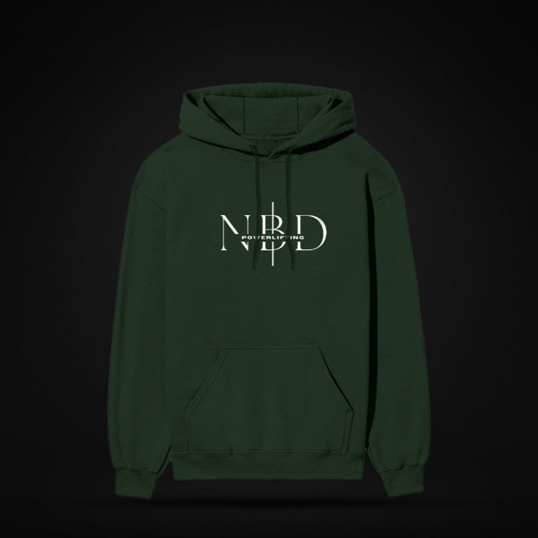NBD SIGNATURE 300 GSM logo hoodie in Bottle Green — front view, NBD Powerlifting monogram on the chest, kangaroo pocket, studio shot