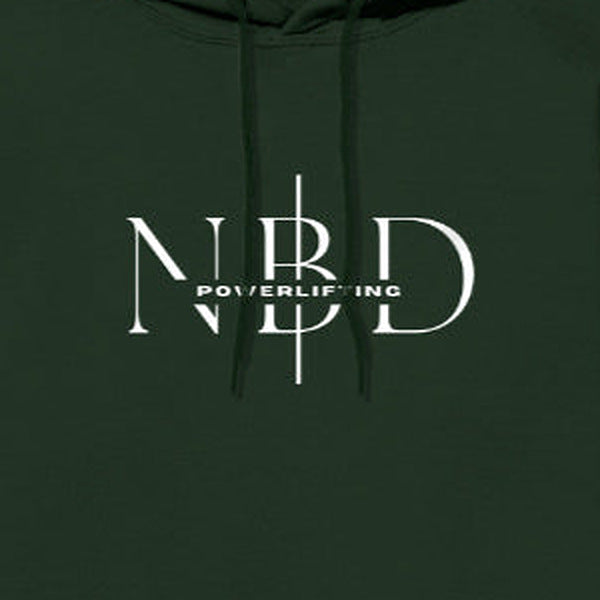 NBD SIGNATURE logo hoodie in Bottle Green — chest close-up of the NBD Powerlifting monogram print