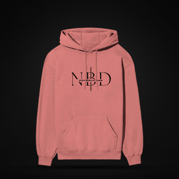 NBD SIGNATURE 300 GSM logo hoodie in Coral — front view, NBD Powerlifting monogram on the chest, kangaroo pocket, studio shot