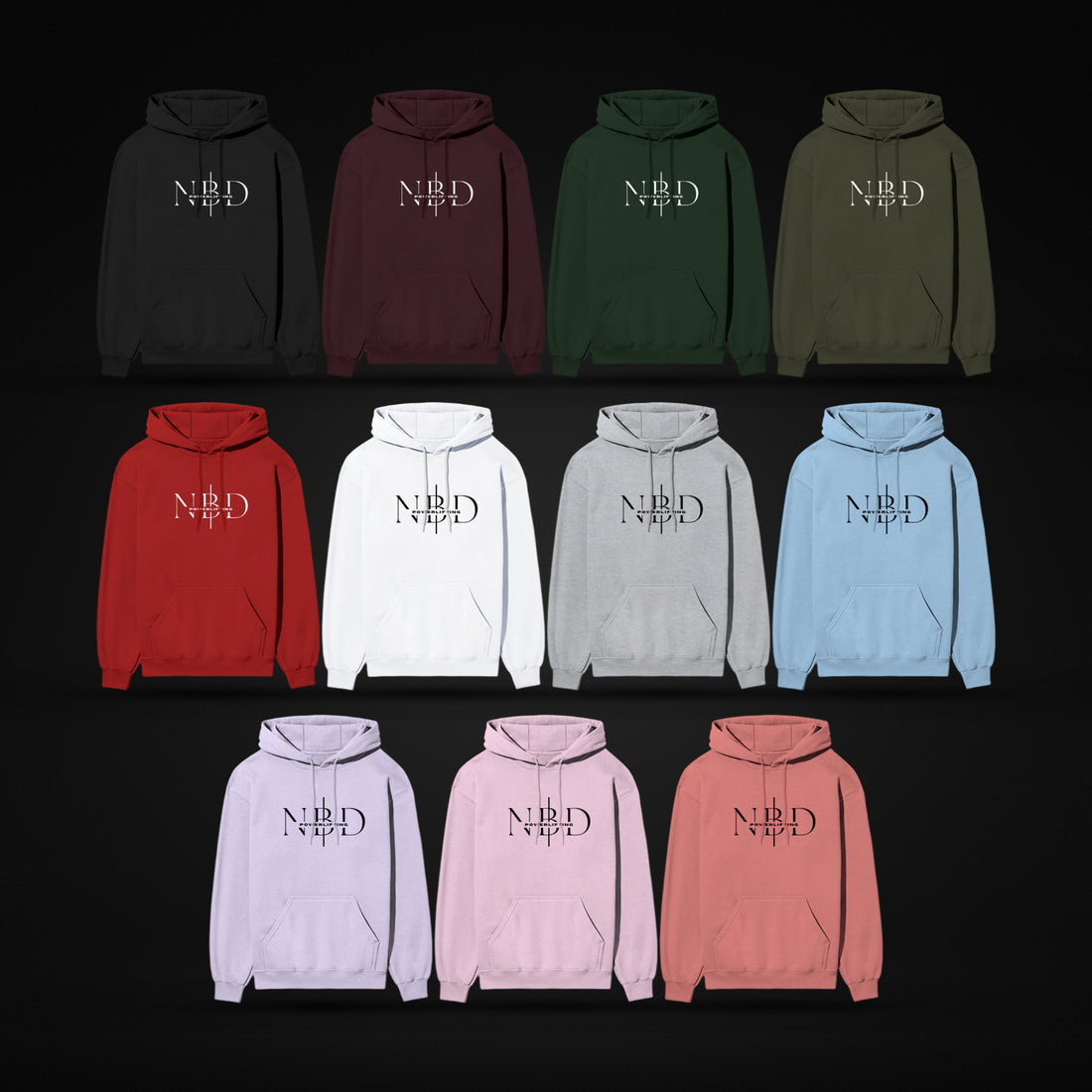 NBD SIGNATURE 300 GSM logo hoodie — all colours together, eleven shades on a dark studio sheet