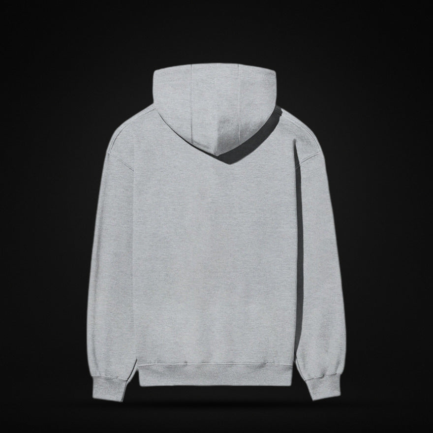 NBD SIGNATURE 300 GSM logo hoodie in Grey Melange — back view, plain back with ribbed hem and cuffs, studio shot