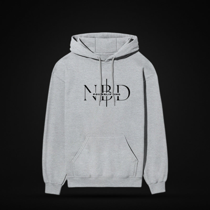 NBD SIGNATURE 300 GSM logo hoodie in Grey Melange — front view, NBD Powerlifting monogram on the chest, kangaroo pocket, studio shot