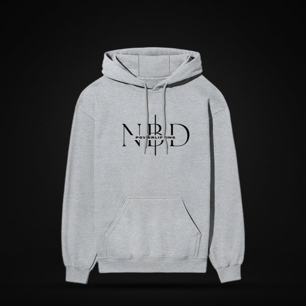 NBD SIGNATURE 300 GSM logo hoodie in Grey Melange — front view, NBD Powerlifting monogram on the chest, kangaroo pocket, studio shot