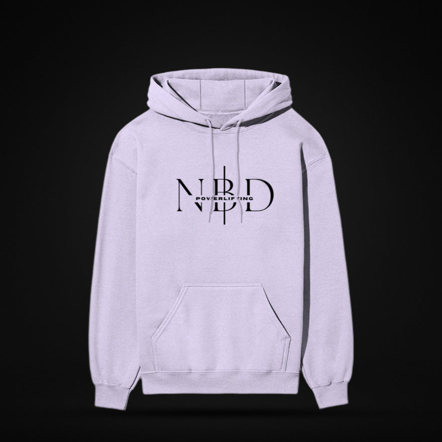 NBD SIGNATURE 300 GSM logo hoodie in Lavender — front view, NBD Powerlifting monogram on the chest, kangaroo pocket, studio shot