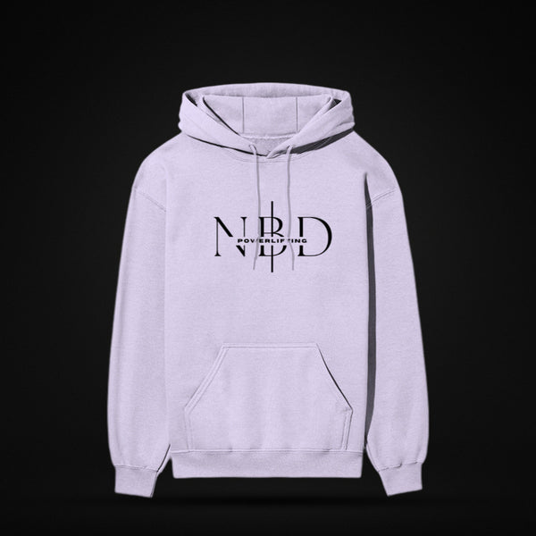 NBD SIGNATURE 300 GSM logo hoodie in Lavender — front view, NBD Powerlifting monogram on the chest, kangaroo pocket, studio shot