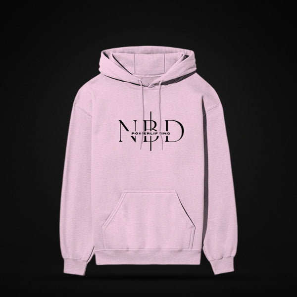 NBD SIGNATURE 300 GSM logo hoodie in Light Baby Pink — front view, NBD Powerlifting monogram on the chest, kangaroo pocket, studio shot