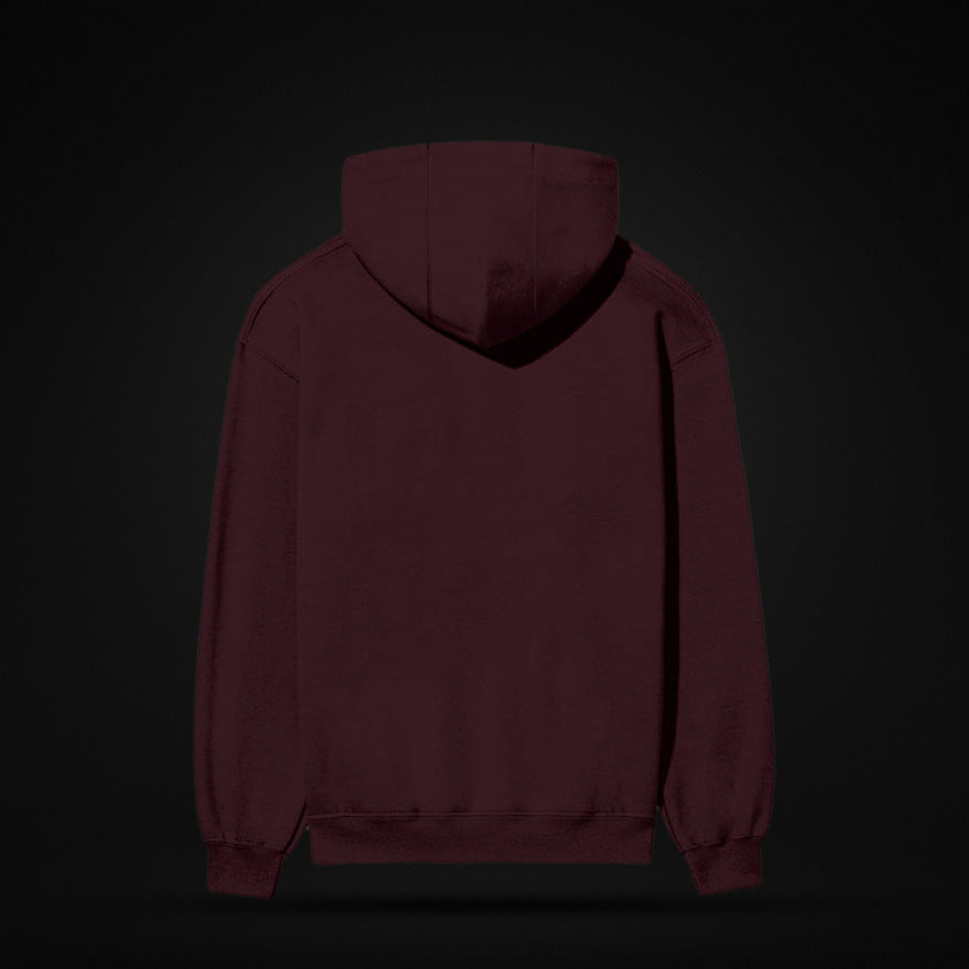 NBD SIGNATURE 300 GSM logo hoodie in Maroon — back view, plain back with ribbed hem and cuffs, studio shot