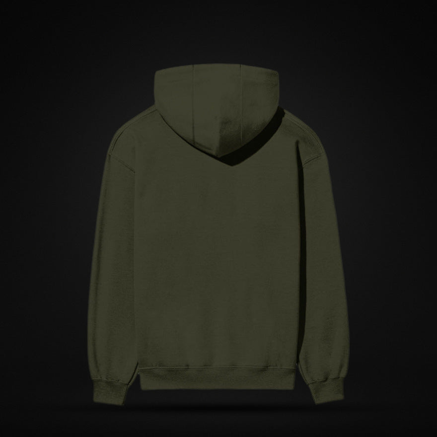 NBD SIGNATURE 300 GSM logo hoodie in Olive Green — back view, plain back with ribbed hem and cuffs, studio shot