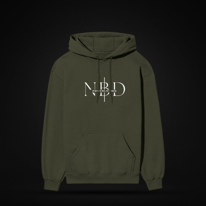 NBD SIGNATURE 300 GSM logo hoodie in Olive Green — front view, NBD Powerlifting monogram on the chest, kangaroo pocket, studio shot