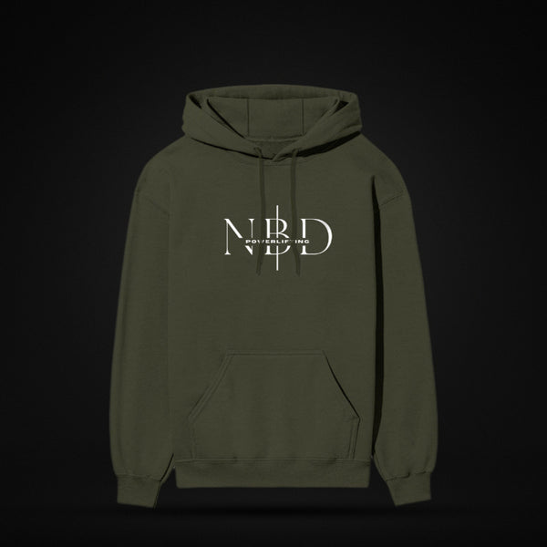 NBD SIGNATURE 300 GSM logo hoodie in Olive Green — front view, NBD Powerlifting monogram on the chest, kangaroo pocket, studio shot