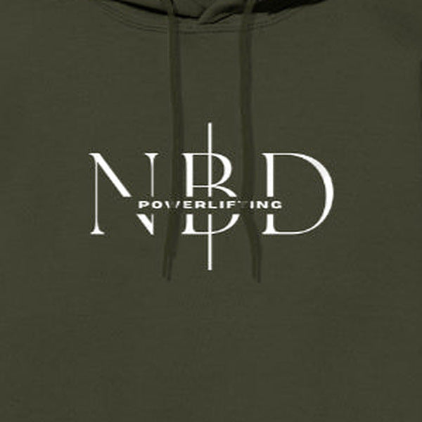 NBD SIGNATURE logo hoodie in Olive Green — chest close-up of the NBD Powerlifting monogram print