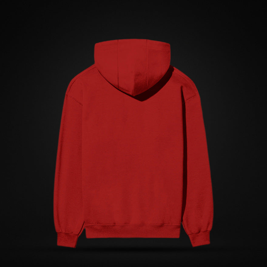 NBD SIGNATURE 300 GSM logo hoodie in Red — back view, plain back with ribbed hem and cuffs, studio shot