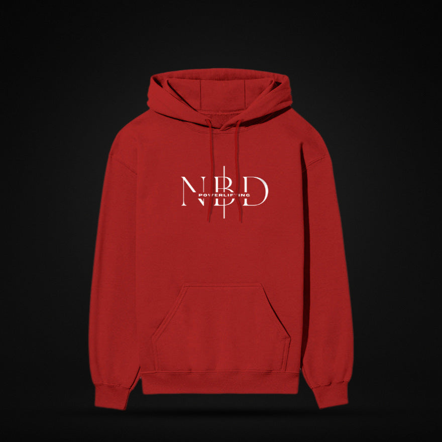 NBD SIGNATURE 300 GSM logo hoodie in Red — front view, NBD Powerlifting monogram on the chest, kangaroo pocket, studio shot
